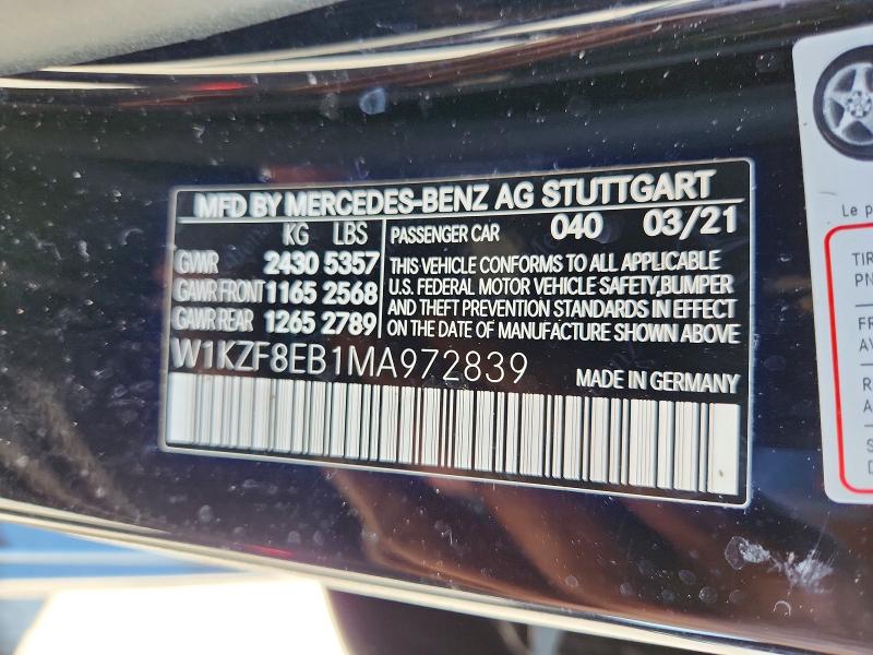 Aukcja sprzedaży 2021 Mercedes-benz E, vin: W1KZF8EB1MA972839, numer aukcji: 51918756