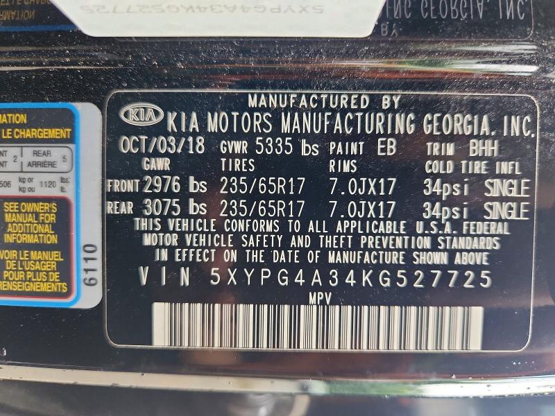 54701756 :رقم المزاد ، 5XYPG4A34KG527725 vin ، 2019 Kia Sorento مزاد بيع