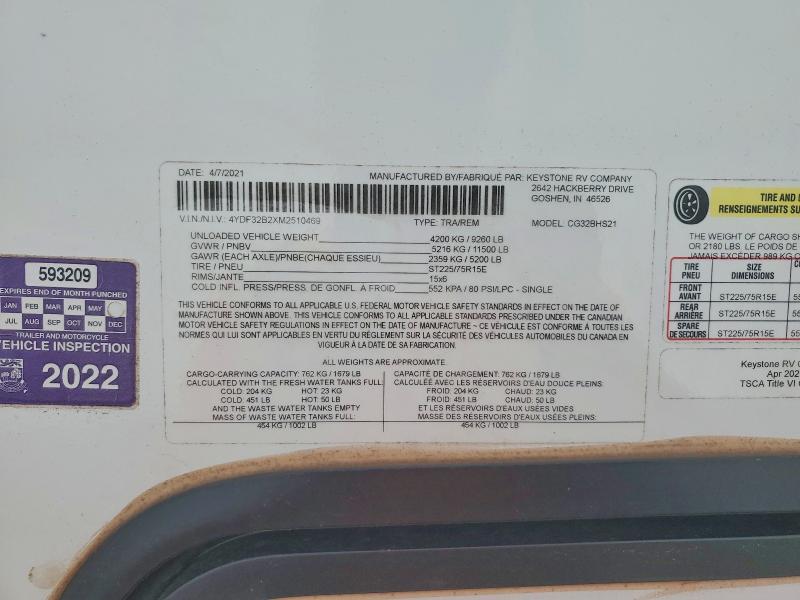 2021 Keystone Rv Cougar Series მანქანა იყიდება აუქციონზე, vin: 4YDF32B2XM2510469, აუქციონის ნომერი: 55133346