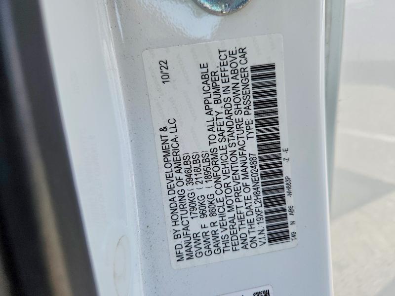2022 Honda Civic მანქანა იყიდება აუქციონზე, vin: 19XFL2H84NE024887, აუქციონის ნომერი: 51876696