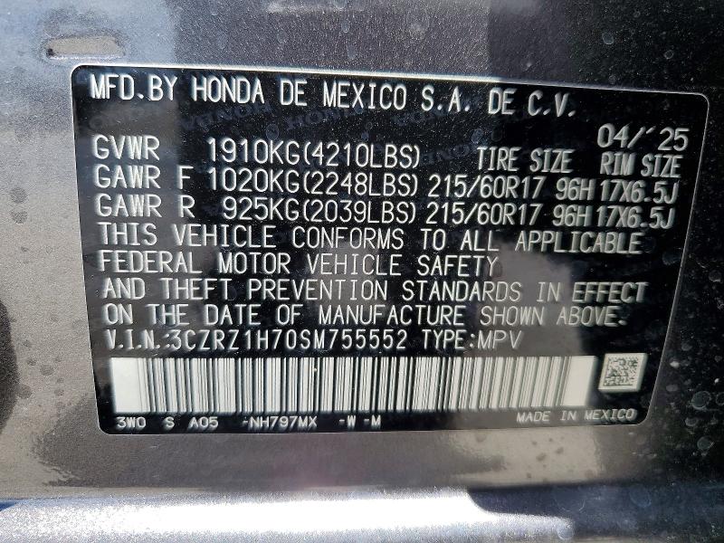 2025 Honda Hr-v მანქანა იყიდება აუქციონზე, vin: 3CZRZ1H70SM755552, აუქციონის ნომერი: 54683406