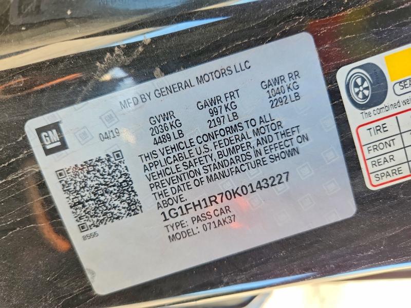 Auction sale of the 2019 Chevrolet Camaro, vin: 1G1FH1R70K0143227, lot number: 54782186