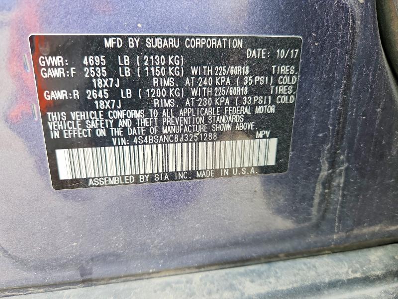 Продаж на аукціоні авто 2018 Subaru Outback, vin: 4S4BSANC8J3251288, номер лоту: 51645686