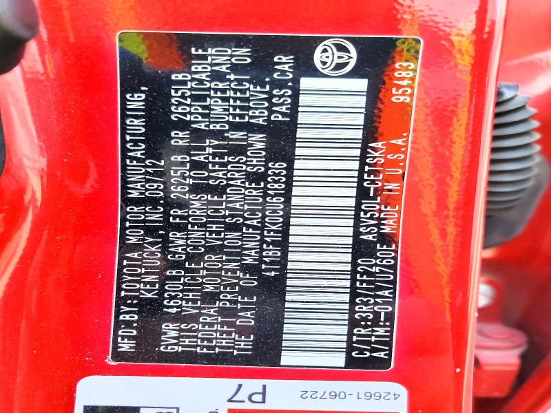 2012 Toyota Camry მანქანა იყიდება აუქციონზე, vin: 4T1BF1FK0CU618336, აუქციონის ნომერი: 54178386