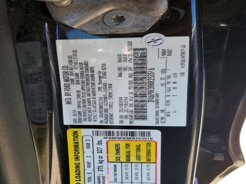 2019 Ford Fusion მანქანა იყიდება აუქციონზე, vin: 3FA6P0CD8KR253516, აუქციონის ნომერი: 52590786