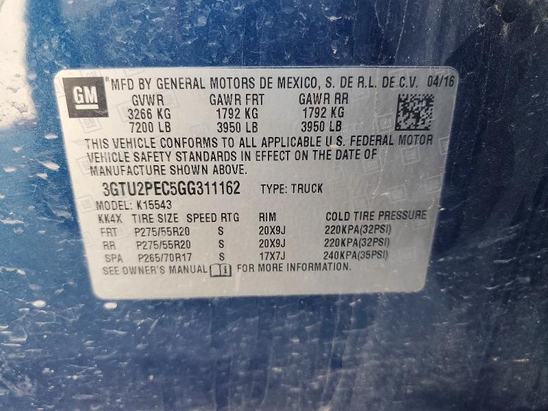 54102416 :رقم المزاد ، 3GTU2PEC5GG311162 vin ، 2016 Gmc Sierra مزاد بيع