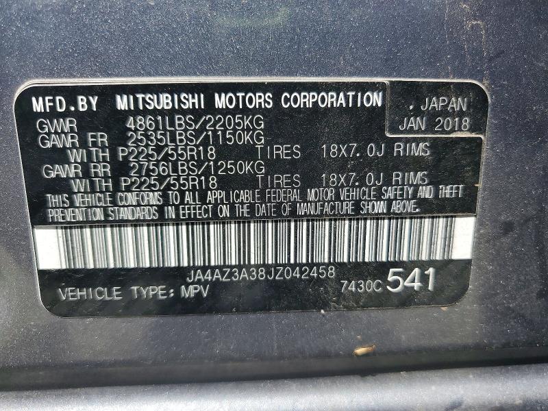 2018 Mitsubishi Outlander მანქანა იყიდება აუქციონზე, vin: JA4AZ3A38JZ042458, აუქციონის ნომერი: 53780356