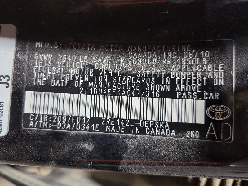 52469536 :رقم المزاد ، 2T1BU4EE1AC427316 vin ، 2010 Toyota Corolla مزاد بيع