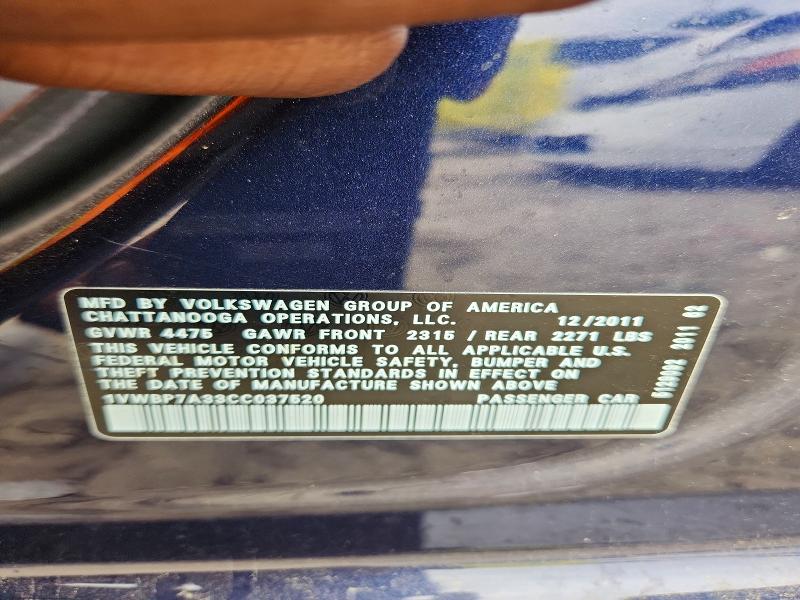 Продаж на аукціоні авто 2012 Volkswagen Passat, vin: 1VWBP7A33CC037520, номер лоту: 54489396