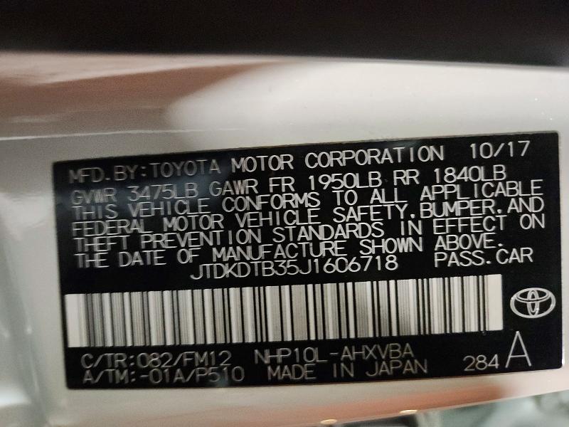 Продаж на аукціоні авто 2018 Toyota Prius C, vin: JTDKDTB35J1606718, номер лоту: 52281016