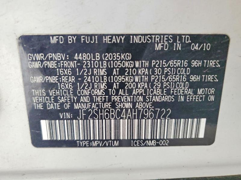 52469316 :رقم المزاد ، JF2SH6BC4AH796722 vin ، 2010 Subaru Forester مزاد بيع