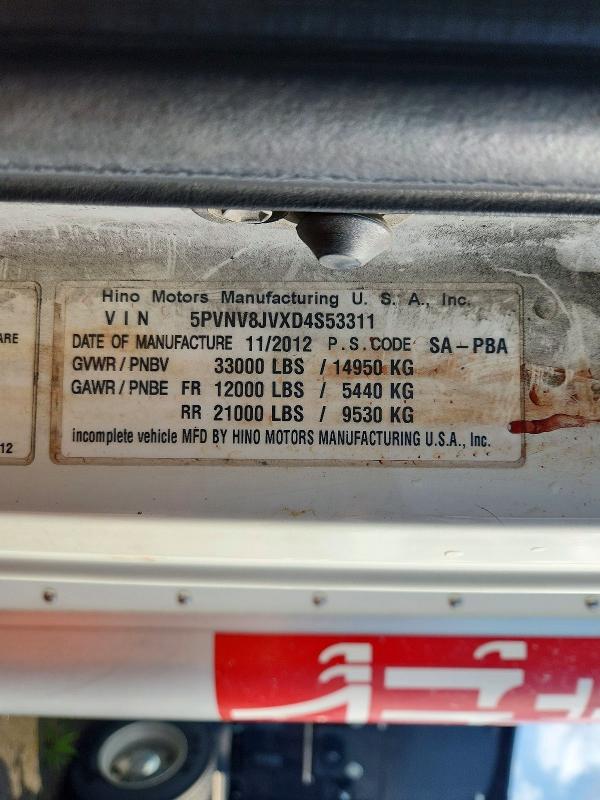 Продаж на аукціоні авто 2013 Hino Hino 338, vin: 5PVNV8JVXD4S53311, номер лоту: 52832816