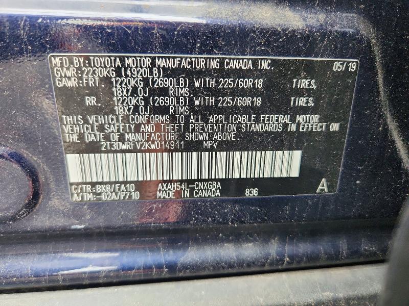 52726096 :رقم المزاد ، 2T3DWRFV2KW014911 vin ، 2019 Toyota Rav4 مزاد بيع