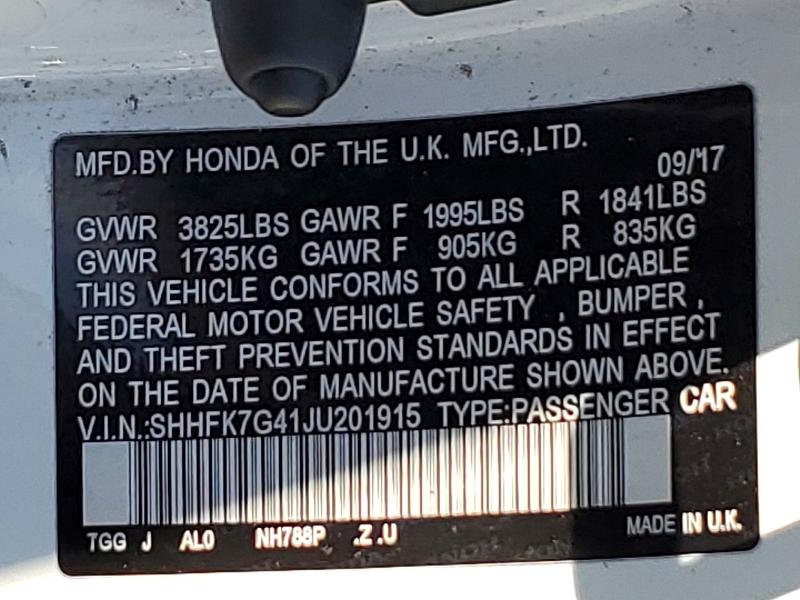 Продаж на аукціоні авто 2018 Honda Civic, vin: SHHFK7G41JU201915, номер лоту: 52747766