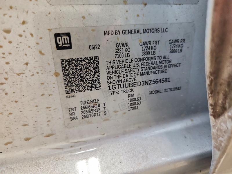 Продаж на аукціоні авто 2022 Gmc Sierra, vin: 1GTUUBED3NZ564581, номер лоту: 52568336