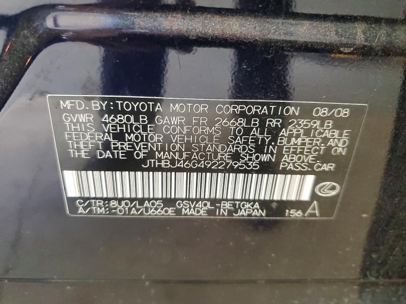 51793486 :رقم المزاد ، JTHBJ46G492279535 vin ، 2009 Lexus Es مزاد بيع