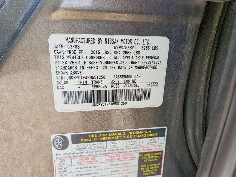 Aukcja sprzedaży 2008 Infiniti M45, vin: JNKBY01F48M551250, numer aukcji: 54660636