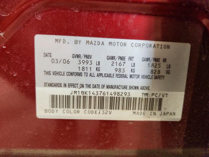Продажа на аукционе авто 2006 Mazda 3, vin: JM1BK143761498293, номер лота: 54838826