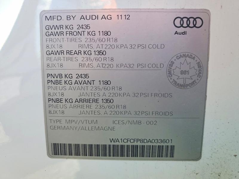 2013 Audi Q5 მანქანა იყიდება აუქციონზე, vin: WA1CFCFP8DA033601, აუქციონის ნომერი: 52397176