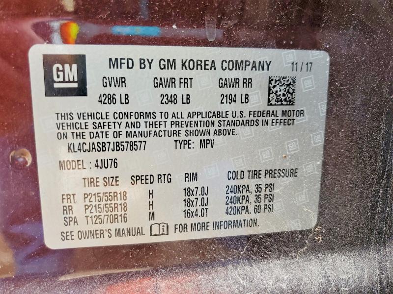 52016126 :رقم المزاد ، KL4CJASB7JB578577 vin ، 2018 Buick Encore مزاد بيع