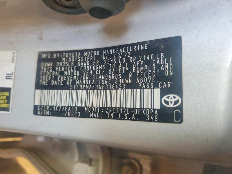 Продаж на аукціоні авто 2022 Toyota Corolla, vin: 5YFDPMAE1NP316423, номер лоту: 52068336