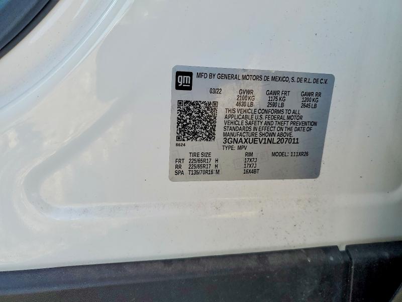 2022 Chevrolet Equinox მანქანა იყიდება აუქციონზე, vin: 3GNAXUEV1NL207011, აუქციონის ნომერი: 53374596