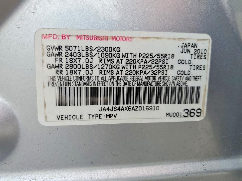 54855996 :رقم المزاد ، JA4JS4AX6AZ016910 vin ، 2010 Mitsubishi Outlander مزاد بيع