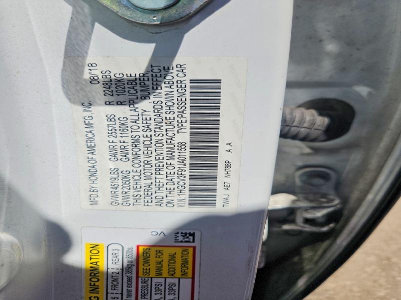 2018 Honda Accord მანქანა იყიდება აუქციონზე, vin: 1HGCV3F91JA011558, აუქციონის ნომერი: 53829596