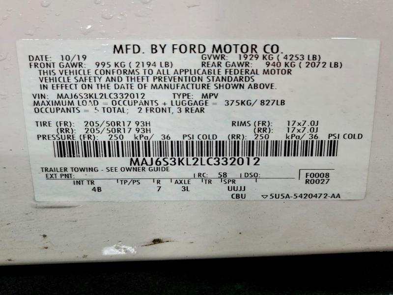 Продаж на аукціоні авто 2020 Ford Ecosport, vin: MAJ6S3KL2LC332012, номер лоту: 53261326