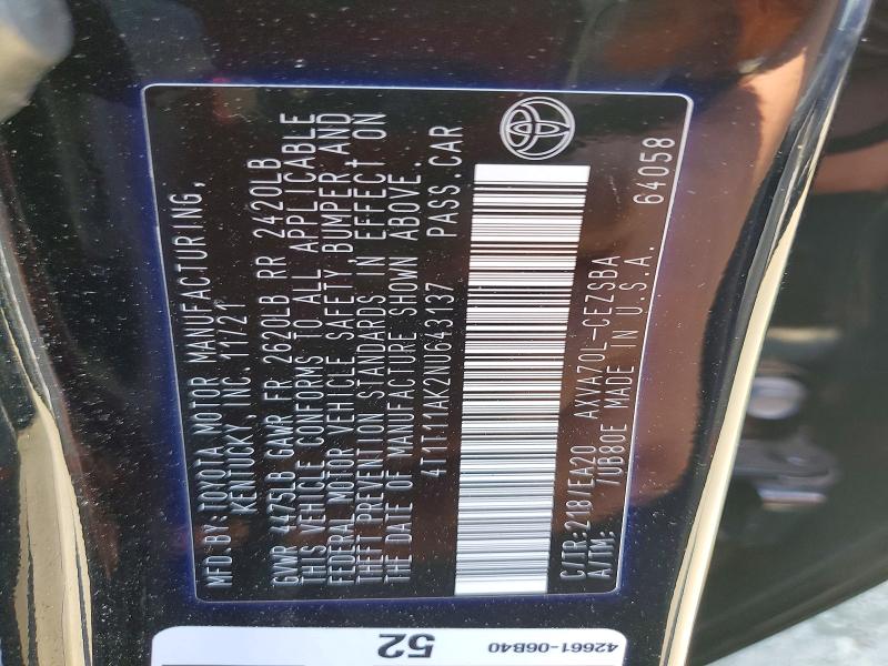 2022 Toyota Camry მანქანა იყიდება აუქციონზე, vin: 4T1T11AK2NU643137, აუქციონის ნომერი: 52234516