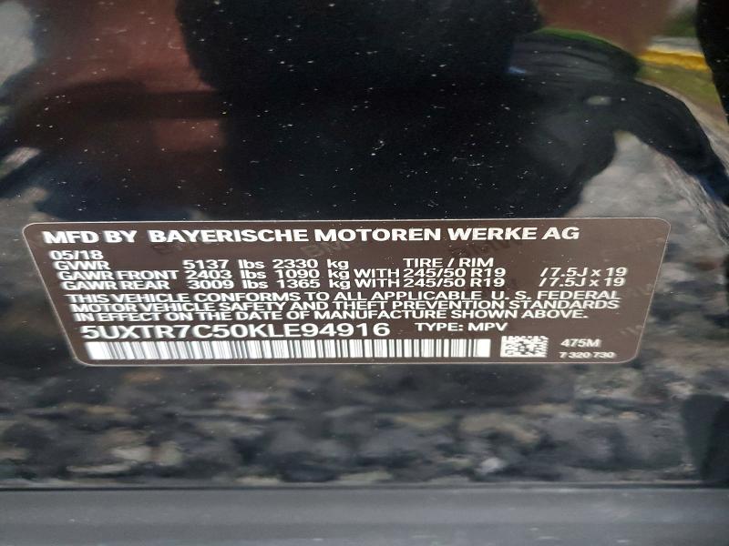 52597786 :رقم المزاد ، 5UXTR7C50KLE94916 vin ، 2019 Bmw X3 مزاد بيع