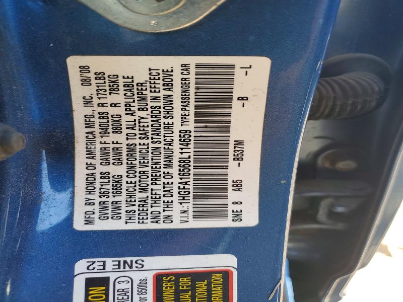 53637836 :رقم المزاد ، 1HGFA16568L114659 vin ، 2008 Honda Civic مزاد بيع