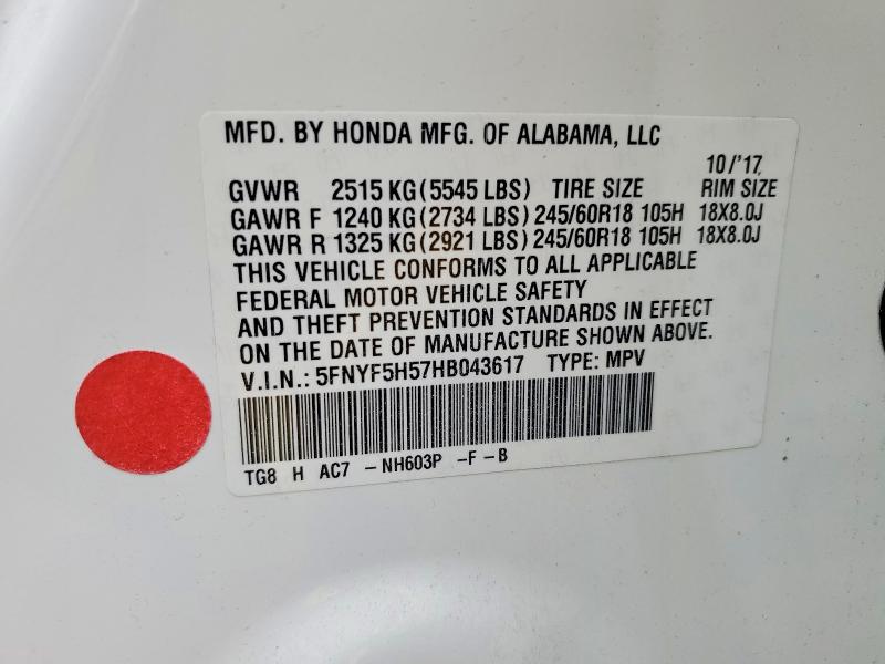 2017 Honda Pilot მანქანა იყიდება აუქციონზე, vin: 5FNYF5H57HB043617, აუქციონის ნომერი: 52078426