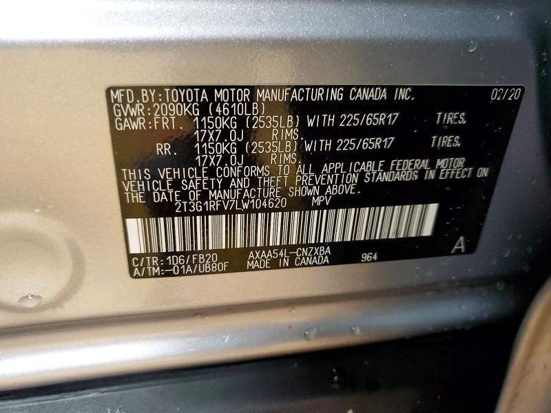 2020 Toyota Rav4 მანქანა იყიდება აუქციონზე, vin: 2T3G1RFV7LW104620, აუქციონის ნომერი: 54287656