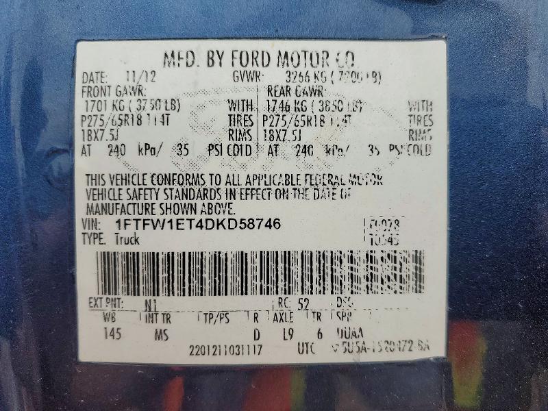 2013 Ford F150 მანქანა იყიდება აუქციონზე, vin: 1FTFW1ET4DKD58746, აუქციონის ნომერი: 55227926