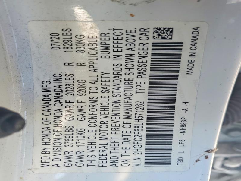55017696 :رقم المزاد ، 2HGFC2F68LH571262 vin ، 2020 Honda Civic مزاد بيع