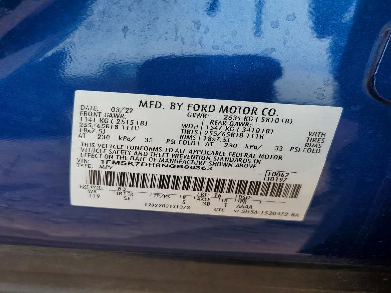 2022 Ford Explorer მანქანა იყიდება აუქციონზე, vin: 1FMSK7DH8NGB06363, აუქციონის ნომერი: 52415396