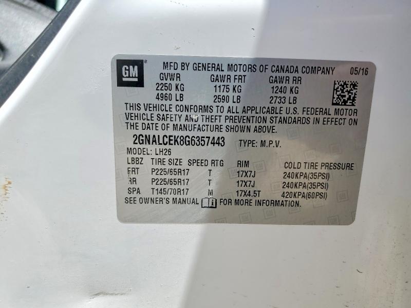 2016 Chevrolet Equinox მანქანა იყიდება აუქციონზე, vin: 2GNALCEK8G6357443, აუქციონის ნომერი: 53277246