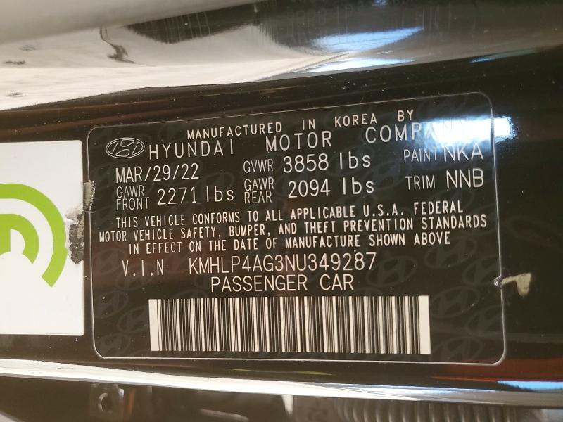 52091836 :رقم المزاد ، KMHLP4AG3NU349287 vin ، 2022 Hyundai Elantra مزاد بيع