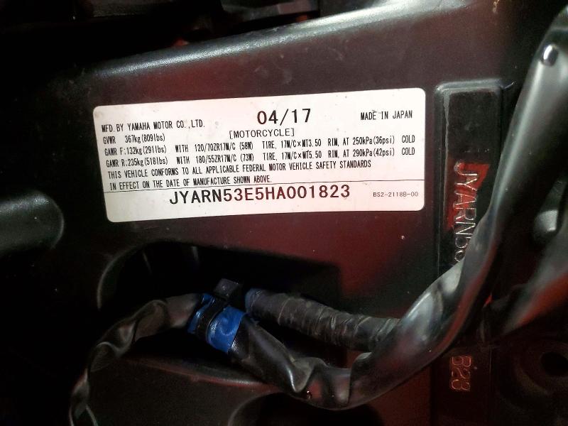 52703306 :رقم المزاد ، JYARN53E5HA001823 vin ، 2017 Yamaha Fz09 مزاد بيع