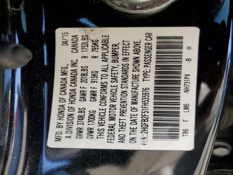 Продажа на аукционе авто 2015 Honda Civic, vin: 2HGFB2F51FH535976, номер лота: 53529846