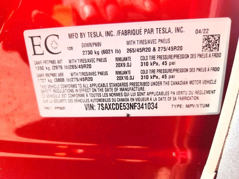 2022 Tesla Model X მანქანა იყიდება აუქციონზე, vin: 7SAXCDE53NF341034, აუქციონის ნომერი: 54793246