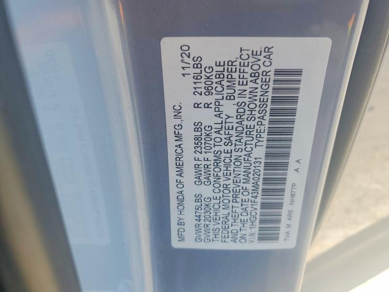 2021 Honda Accord მანქანა იყიდება აუქციონზე, vin: 1HGCV1F43MA020131, აუქციონის ნომერი: 52126556