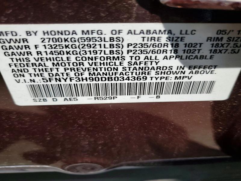 Aukcja sprzedaży 2013 Honda Pilot, vin: 5FNYF3H90DB034369, numer aukcji: 53169076