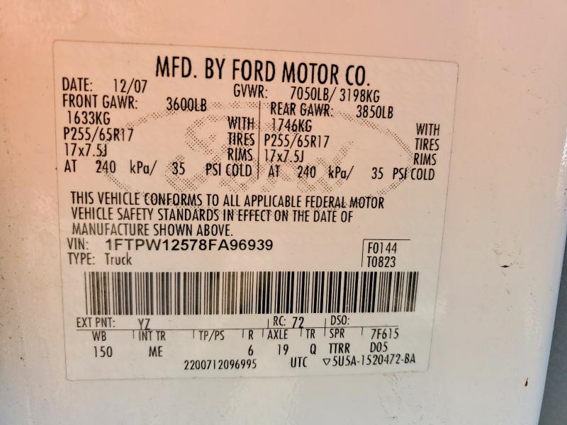 Aukcja sprzedaży 2008 Ford F150, vin: 1FTPW12578FA96939, numer aukcji: 54189296