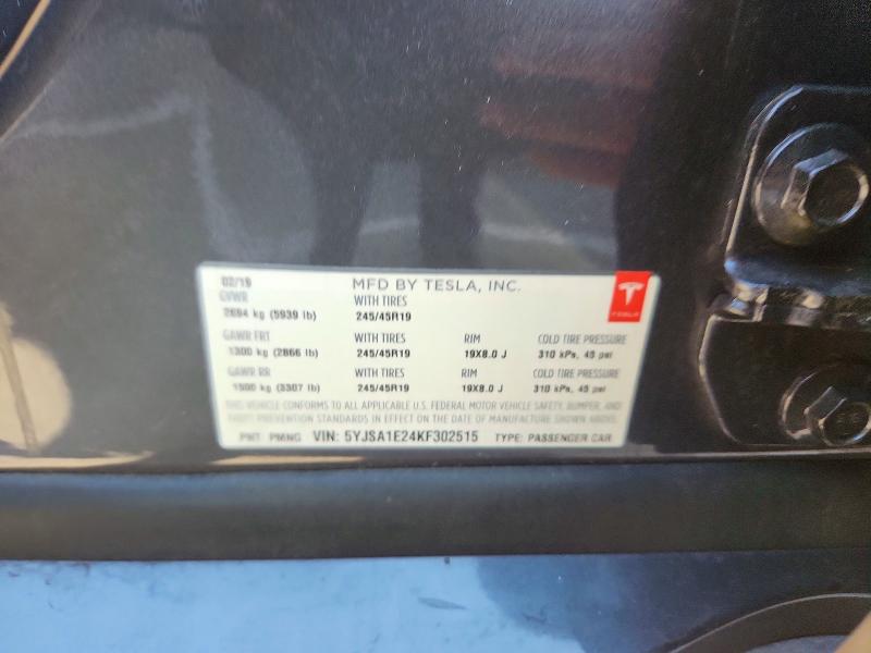 2019 Tesla Model S მანქანა იყიდება აუქციონზე, vin: 5YJSA1E24KF302515, აუქციონის ნომერი: 53295366
