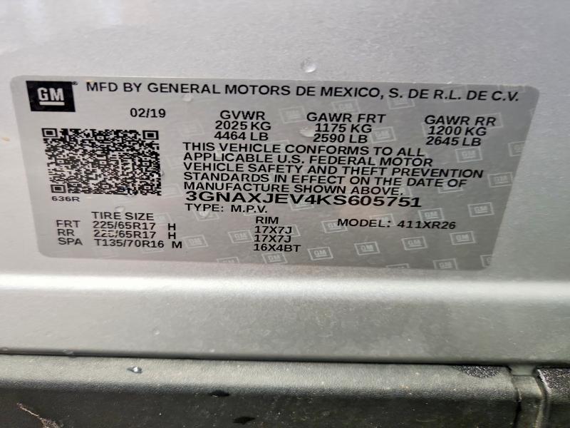 Aukcja sprzedaży 2019 Chevrolet Equinox, vin: 3GNAXJEV4KS605751, numer aukcji: 53035616