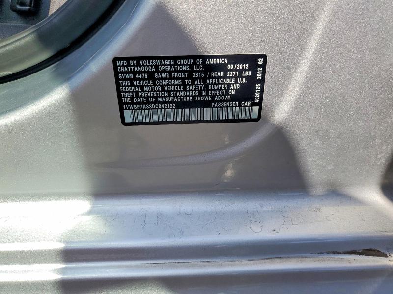 2013 Volkswagen Passat მანქანა იყიდება აუქციონზე, vin: 1VWBP7A33DC042122, აუქციონის ნომერი: 54876646