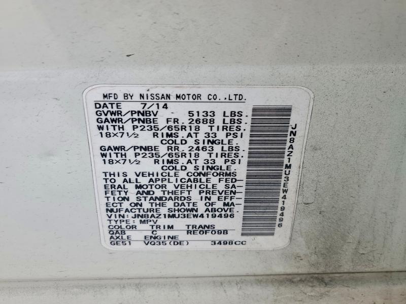 52726666 :رقم المزاد ، JN8AZ1MU3EW419496 vin ، 2014 Nissan Murano مزاد بيع