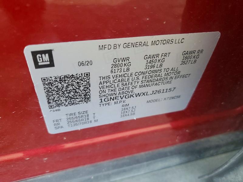47842836 :رقم المزاد ، 1GNEVGKWXLJ261157 vin ، 2020 Chevrolet Traverse مزاد بيع